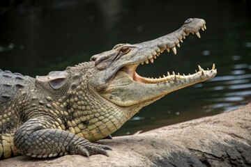 Fototapeta premium A large crocodile's jaws are stretched wide apart revealing a glimpse of the dark inner workings of its mouth, animal, crocodile, wildlife, white background, isolation