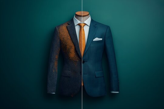 Split-Screen Comparison of Stained and Clean Suit Highlighting Premium Laundry and Dry Cleaning Services for Professional Garment Care