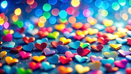 Miniature Colorful Heart Shapes, Blue Background, Tilt-Shift Photography