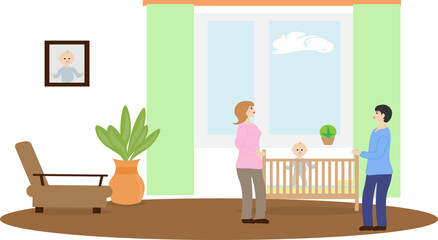 A happy family with a small child. The mother and father look lovingly at the baby in the crib. The concept of parenthood. Vector illustration