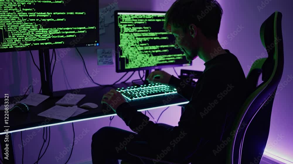 Poster young programmer works late at night coding on dual monitors with neon lighting in a modern workspac