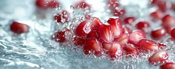 Vibrant Pomegranate Seeds Splashing in Clear Water Droplets