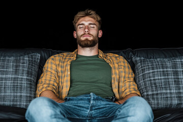 Fototapeta premium A man with a beard is laying on a couch