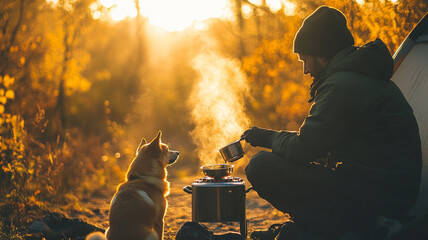 camper cooking simple meal with dog in golden autumn setting