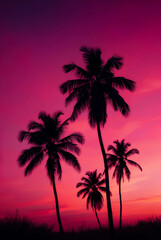 Obraz premium Silhouettes of tall palm trees against sunset bright pink and purple sky in glamorous kitsch style. Tropical landscape. A modern concept for design.