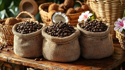 Fototapeta premium Rustic display of coffee beans in burlap sacks at a market stall with flower accents