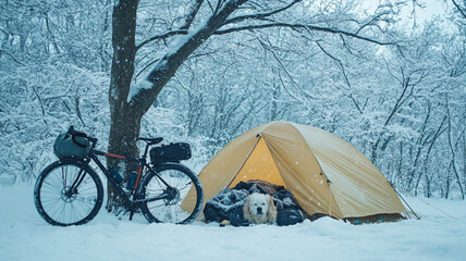 sturdy tent pitched in snow, with bike and dog nearby
