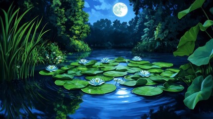 Tranquil Night Scene with Water Lilies Under Full Moonlight