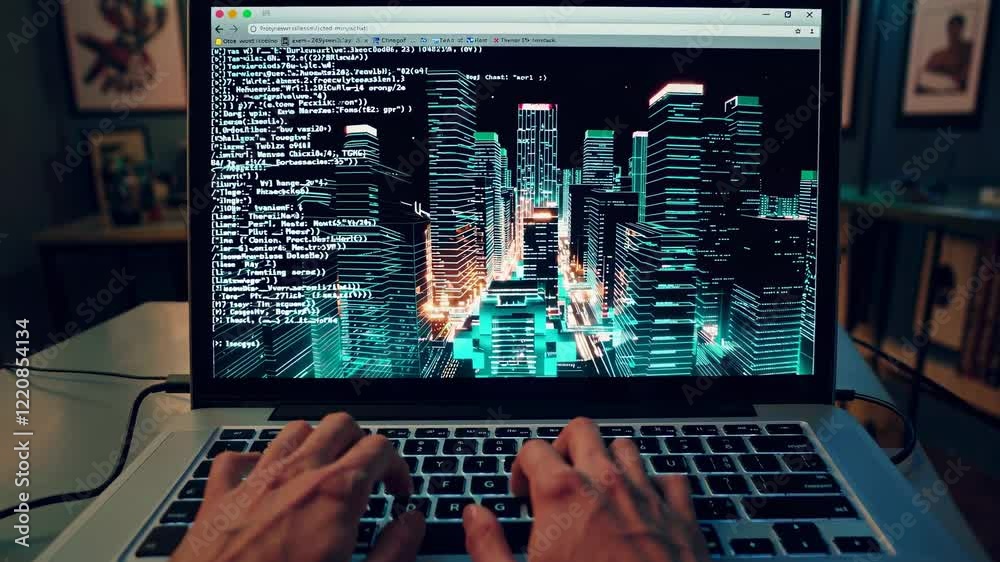 Aufkleber creative workspace setup with laptop displaying coding work and urban skyline in background during e