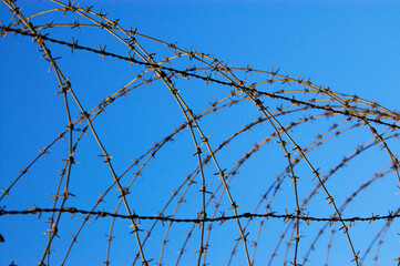 barbed wire fence in blue sky