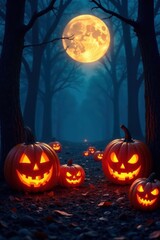 full moon and glowing jack o lanterns in a forest, glow, forest, pumpkins