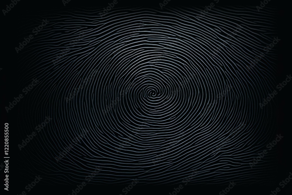 Poster fingerprint pattern creating concentric circles on a dark background, symbolizing security, identity