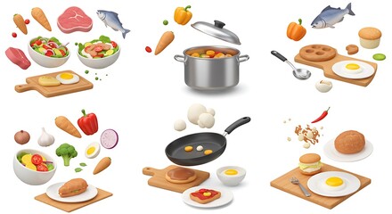 Cooking 3d scenes. Realistic food, kitchenware and pot. Fresh salad, breakfast, dinner and lunch meals. Flying meat, fish and vegetables pithy vector set