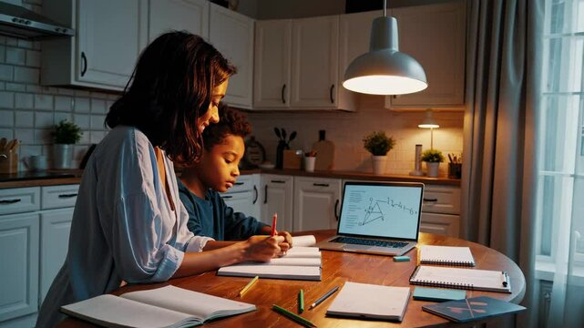 Mother helps child with homework in cozy kitchen during evening study session