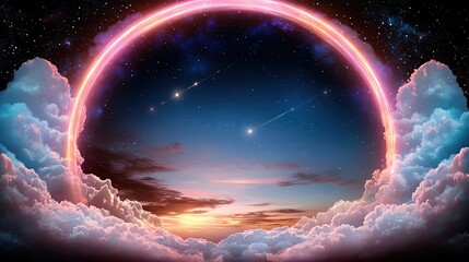 Rare Planetary Conjunctions and Meteor Showers of A stunning sunset framed by colorful clouds, with shooting stars illuminating the twilight sky, creating a magical atmosphere.