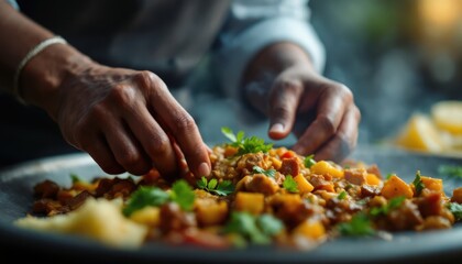 Close-up of chef's hands preparing delicious steaming dish with fresh herbs