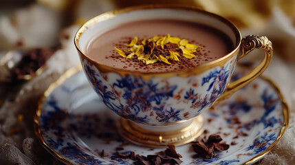 Fototapeta premium A cup of hot chocolate infused with saffron, served in a delicate porcelain cup with Dubai-inspired motifs