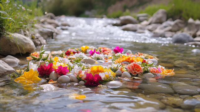 Floating floral wreaths in a serene stream, celebrating Sizdah Bedar, Persian New Year traditions, and spring renewal