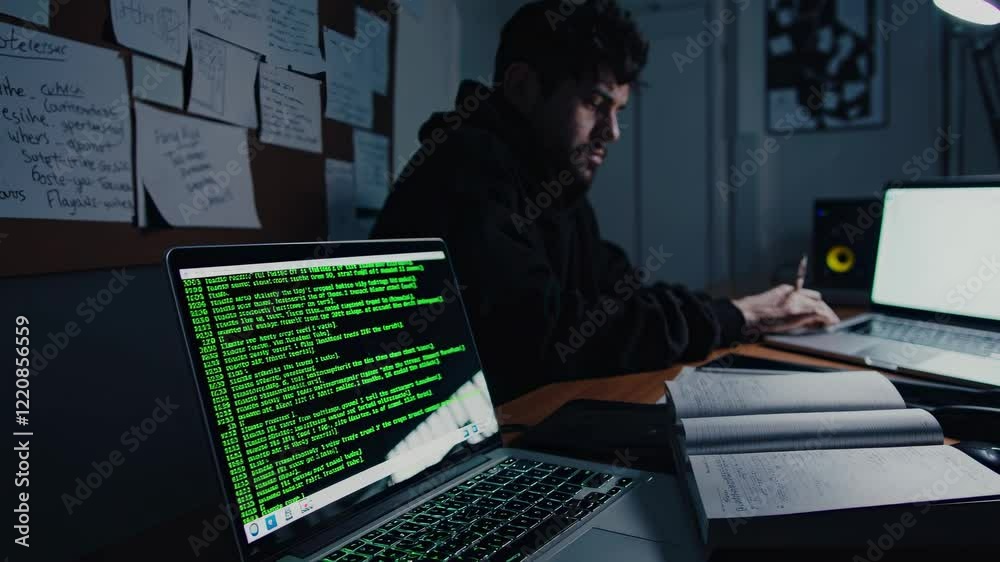 Poster Nighttime coding session with multiple screens and notes in dimly lit workspace focusing on programming and development tasks