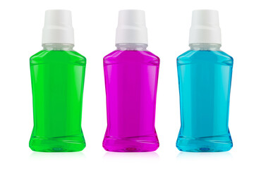 Three bottles with liquid cosmetic for teeth, isolated on white background. Set.