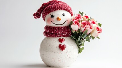 Fototapeta premium Cheerful snowman holding roses winter wonderland decorative artwork cozy indoor setting whimsical perspective