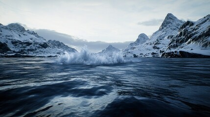 Icy Water Splash near Snowy Mountains