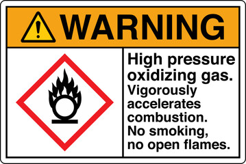 ANSI Z535 GHS Chemicals Label Warning High Pressure Oxidizing Gas Vigorously Accelerates Combustion No Smoking No Open Flames Horizontal White