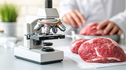 Monitoring of food safety inspections. Microscope examining raw meat samples