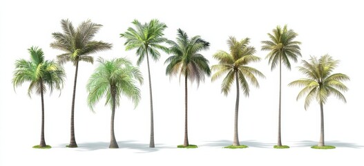 Four palm trees are neatly lined up in a row on a white background