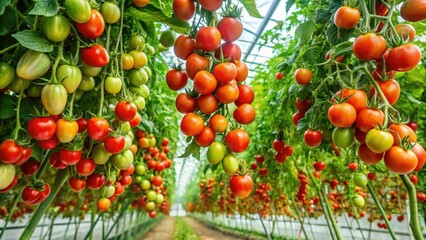 A mature tomato plant with a sprawling canopy and numerous fruits hanging from its stems, foliage, harvest, vine, landscape