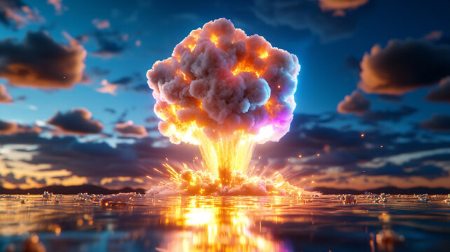 Spectacular Atomic Blast Over Water at Twilight A Surreal Digital Artwork