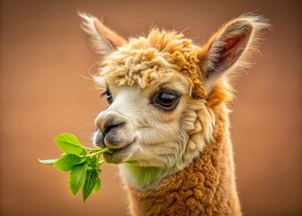 Obraz premium Adorable Alpaca Enjoying a Fresh Leaf - Minimalist Photography