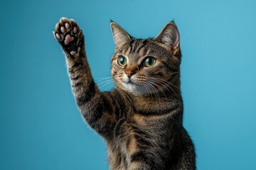 Obraz premium An orange cat is proudly raising its paw high up into the air