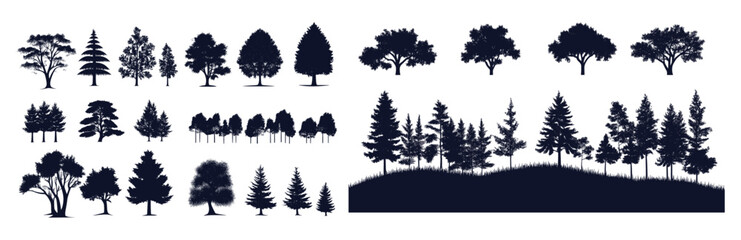Tree silhouettes and forest vector illustrations, wilderness design collection, nature scene objects, environmental art, forest graphic design, vector tree illustrations, outdoor nature.