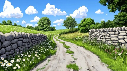 Scenic Country Pathway Surrounded by Lush Greenery and Blue Sky