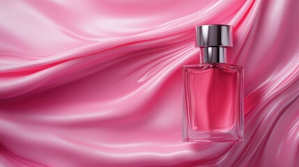 An artistic pink perfume bottle is placed on flowing silk, highlighting its graceful shape and color, representing the essence of femininity and style.