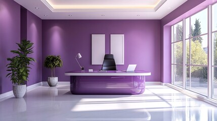 The office space features a sleek and modern purple desk with a matching wall, complemented by white floors and accentuated by two potted plants.