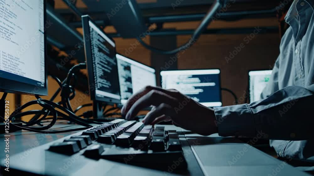 Poster Exploring coding and programming in a bustling tech environment at night