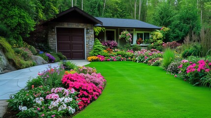 Naklejka premium Beautiful garden landscape surrounding a charming house in spring, garden photography with copy space for real state advertisement