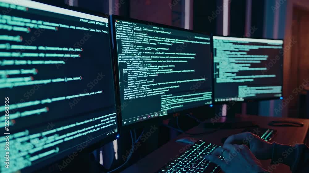 Poster Exploring the world of data analysis and programming in a dimly lit workspace