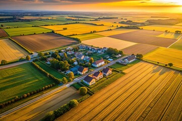 Fototapeta premium Minimalist Aerial View: Expansive Residential Fields & Golden Hour