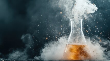 An amber-colored liquid bubbling in a glass flask, releasing steam, with a mystical background, symbolizing the merging of science and creativity in a captivating display.
