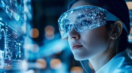 woman wearing augmented reality glasses, focused on digital data and technology. futuristic environment enhances her concentration and engagement