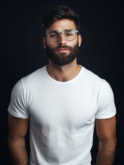 Obraz premium A stylish man with a beard, wearing a plain white t-shirt and trendy clear glasses, posed naturally against a stark black background.