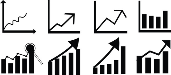  business growth charts, upward trending graphs, financial statistics, minimalist design, arrow symbols, bar charts, line graphs, simplified infographic element
