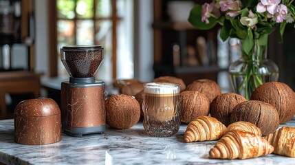 Fototapeta premium Cozy breakfast scene with coffee grinder, croissants, and coconuts on marble countertop
