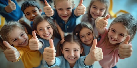 Fototapeta premium A group of young girls is joyfully giving a thumbs up in class