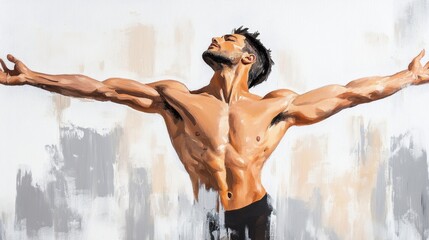 Empowering Muscular Man with Open Arms in Artistic Abstract Background