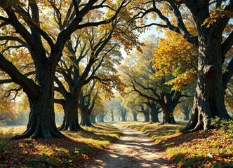 Obraz premium A narrow dirt path winds between the trunks of mature oaks, their leaves rustling softly in the autumn breeze, outdoor landscape, natural light, leaf litter