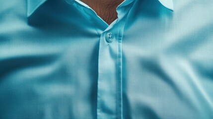 An artistic close-up captured of shimmering blue shirt fabric, emphasizing the delicate texture and the stylish button detail that enhances its modern appeal.
